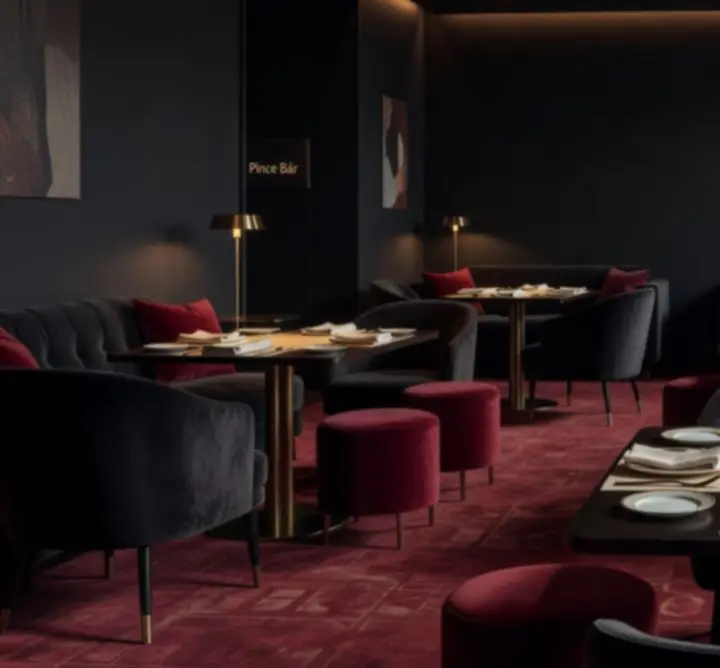 Elegáns, félhomályos étterem-lounge belső tér a Digitallis Világban