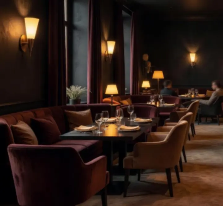 Elegáns budapesti étterem és lounge belső tér, mély bordó és fekete árnyalatokkal