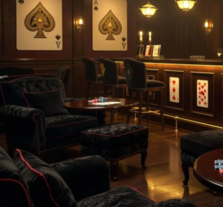 Hangulatos, sötét tónusú lounge enteriőr meleg fényekkel és elegáns részletekkel